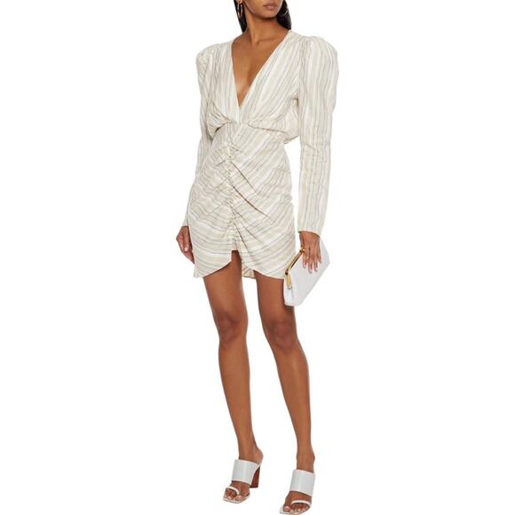 Ronny Kobo Joslyn Beige Striped Linen Blend Ruched Mini Dress Women’s Size XL - Picture 1 of 12